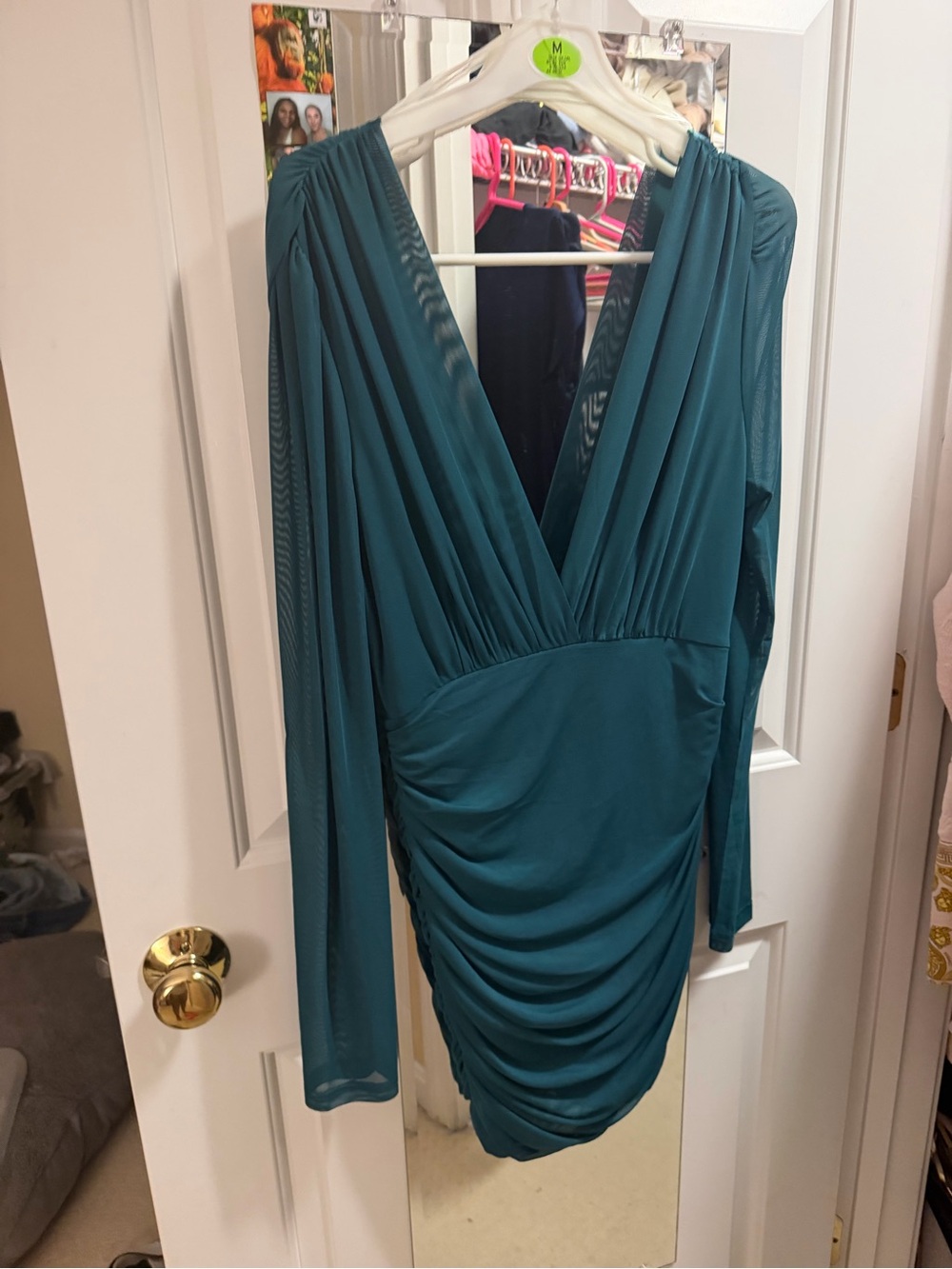 Fashion Nova Teal Long-Sleeve V-Neck Ruched Mini Dress